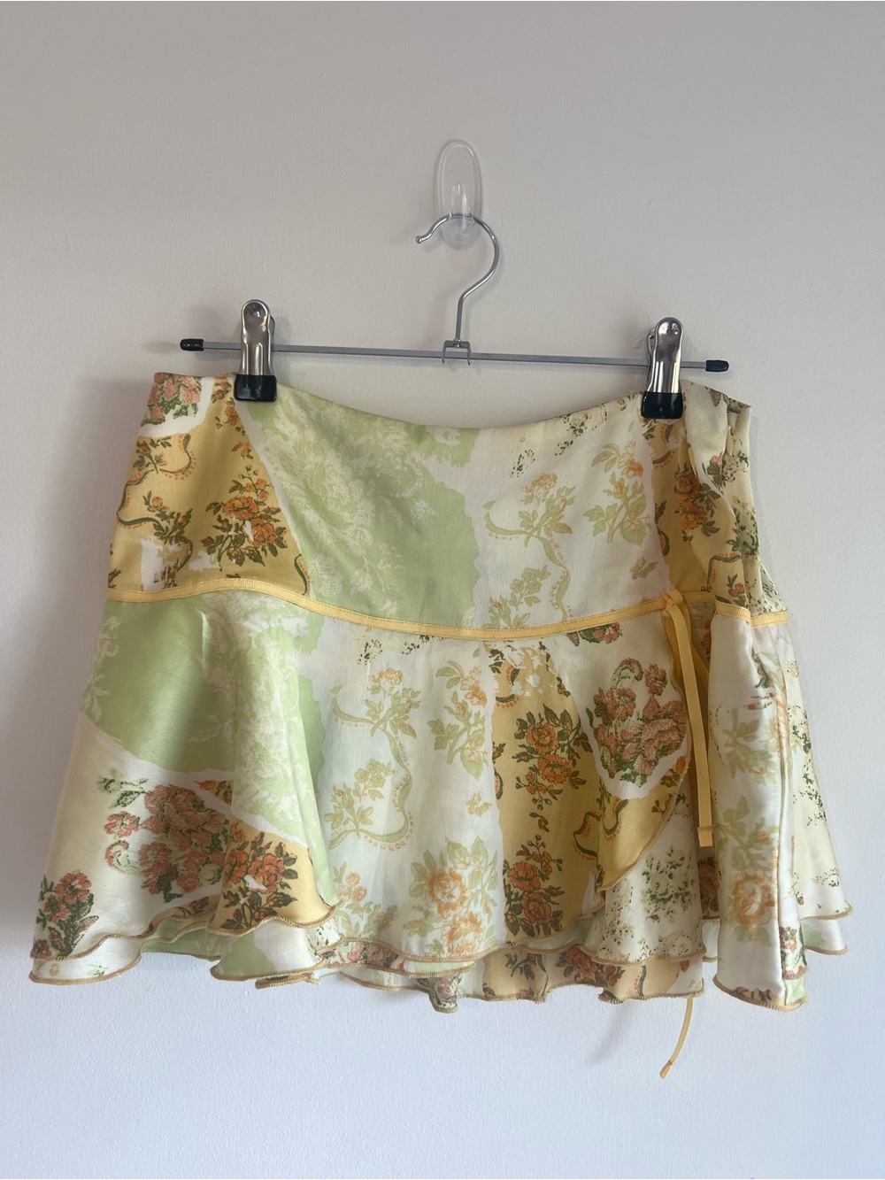 Floral Ruffle Wrap Mini Skirt in Pale Yellow and Light Green Satin